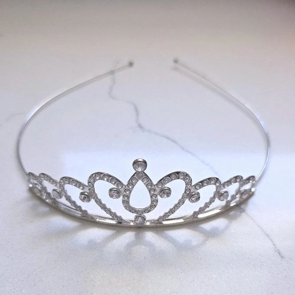 Silver Tone Dainty Rhinestone Tiara Headband Scroll Crystal Princess Crown
